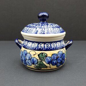 Polish Pottery Tuscan Grapes Sugar Bowl Handled Lidded Bowl Jar with Lid